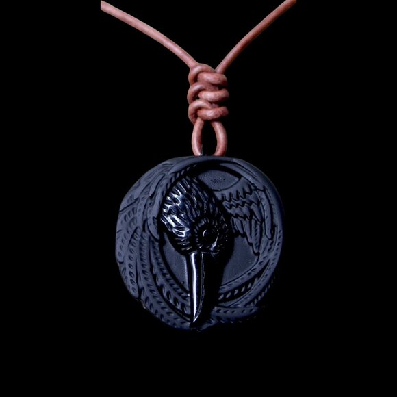 Obsidian Viking Raven Necklace with Genuine Hand Knotted Soft Brown Leather Cord - Picture 3 of 10